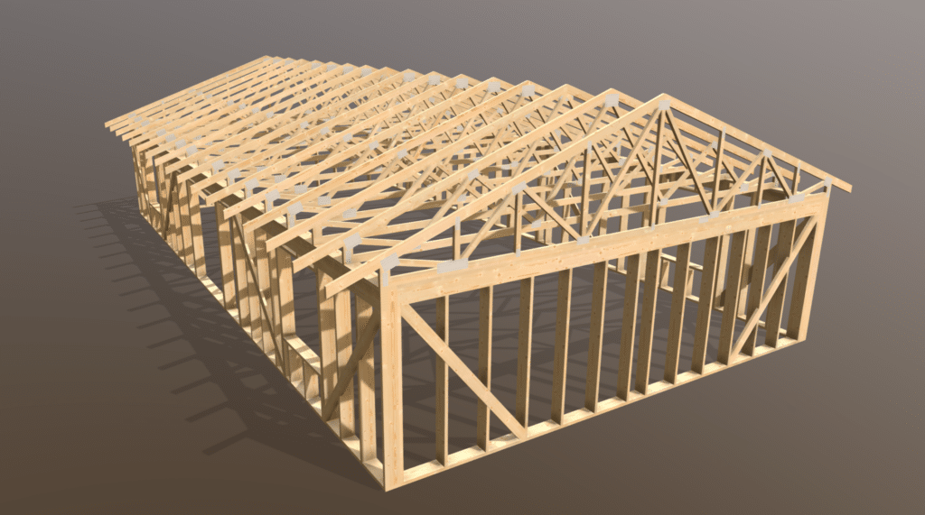 Koka mājas karkasa konstrukcijas 3D atveidojums. Attēlā redzams karkass, ieskaitot jumta konstrukcijas, vertikālās un horizontālās sijas, bez ārējās vai iekšējās apdares. Struktūra parādās gradienta pelēkā fonā.