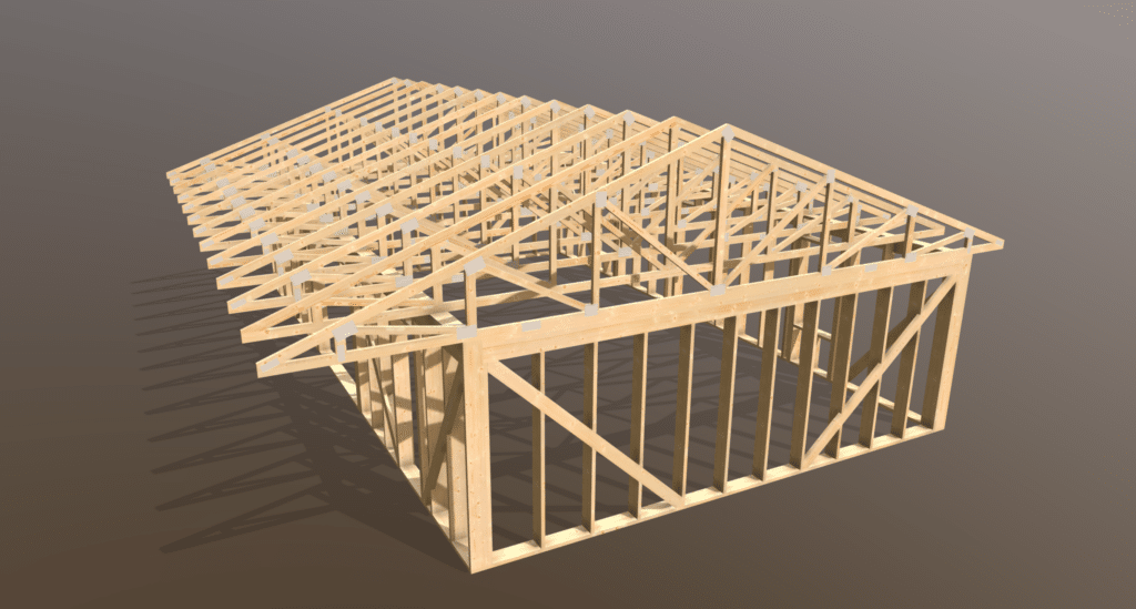 Vairāku savienotu ēku ar divslīpju jumtiem koka karkasa 3D atveidojums, izceļot konstrukcijas karkasu, iekļaujot vertikālās un horizontālās sijas, koka kopnes un trīsstūrveida jumta kopnes. Fons ir vienkāršs gradients.