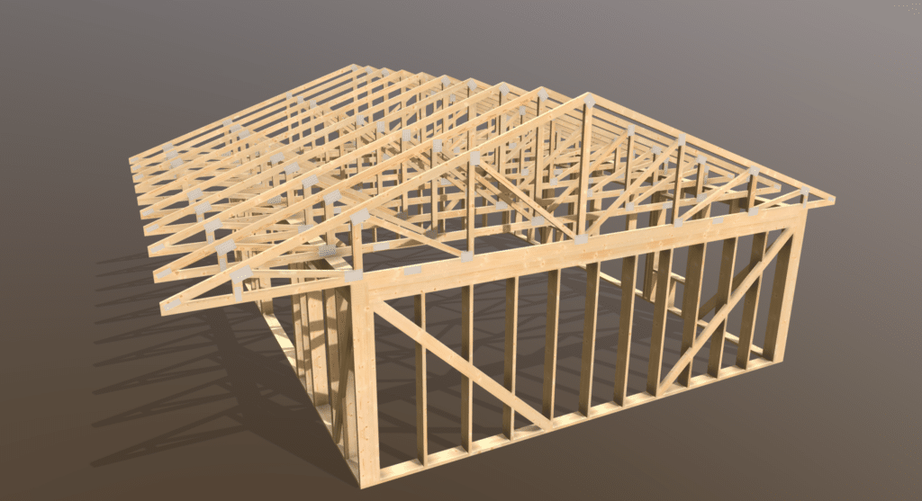 Koka ēkas karkasa 3D atveidojums ar savstarpēji savienotām jumta kopnēm un vertikālām sienas radzēm. Struktūra ir iestatīta uz neitrāla gradienta fona, izceļot detalizēto ietvaru ar ēnām.